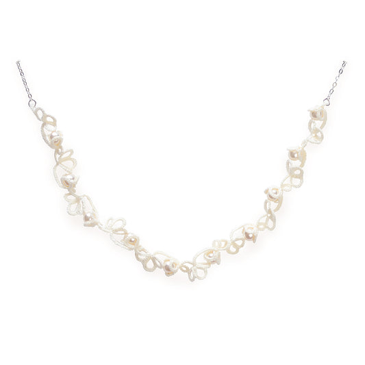 Crochet Twist Flower Pearl Necklace White