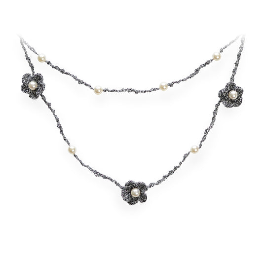 Double Strand Crochet Flowers Pearl Necklace Brilliant