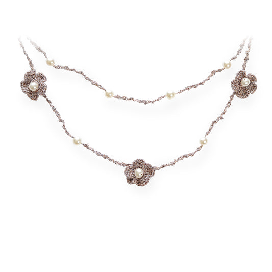 Double Strand Crochet Flowers Pearl Necklace Dusk